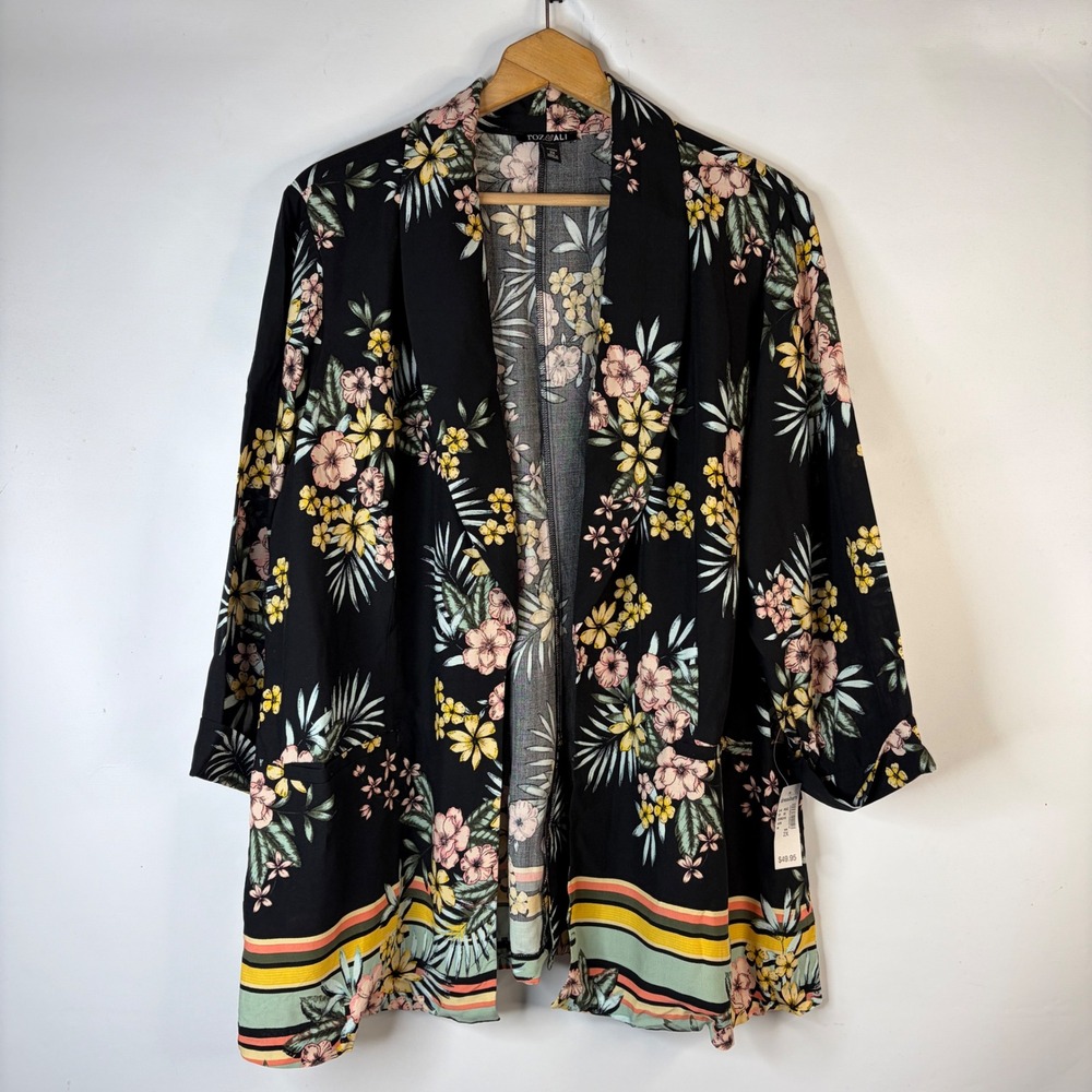 Roz & Ali Cardigan Women 2X Black Floral Tropical Open Front Pockets Rayon